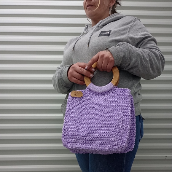 Lavender Knit Handbag with Wooden Handles - Picture 2 of 12